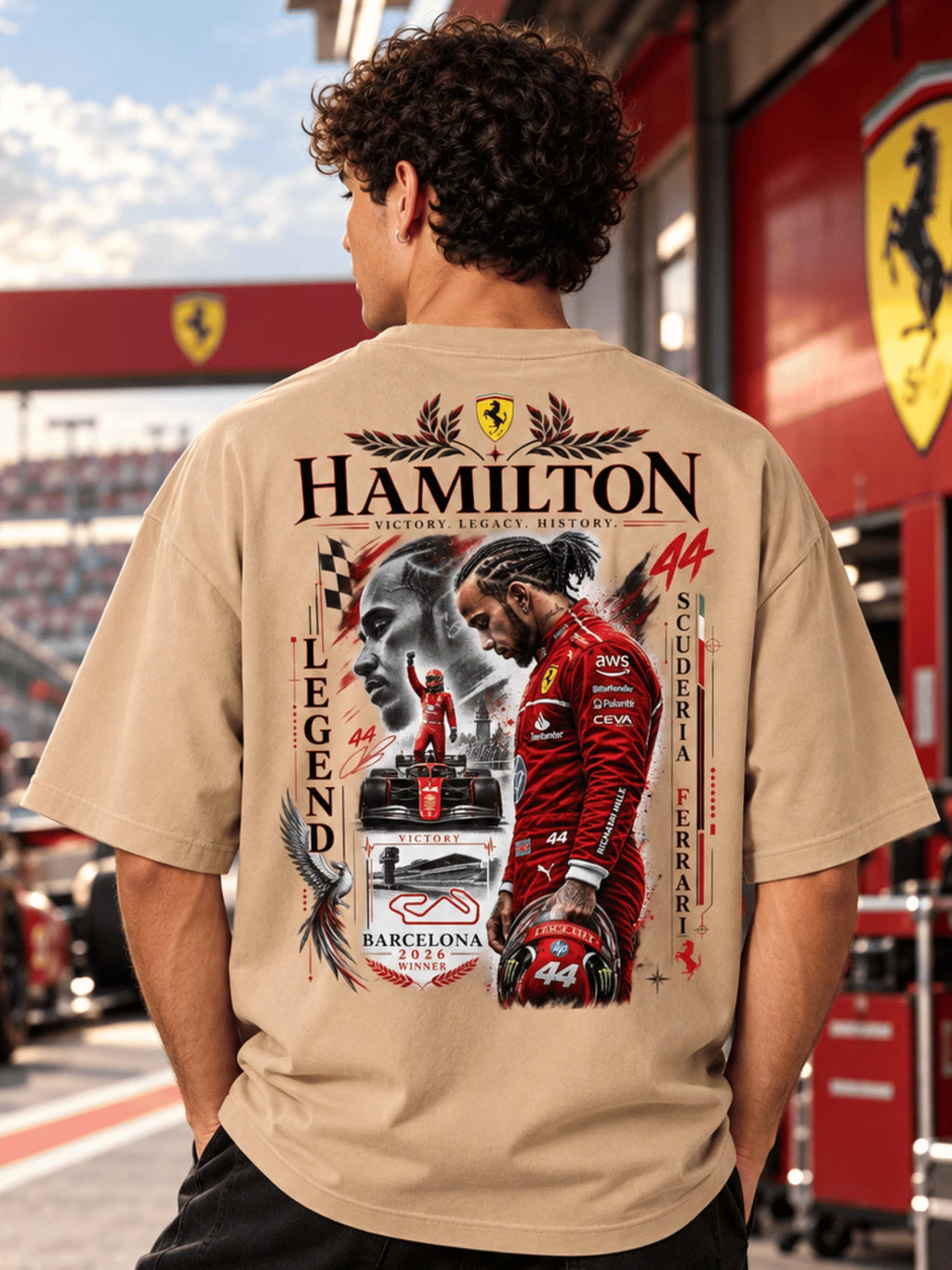 Excello Men's Hamilton Legend Racing Graphic Oversized T-Shirt | Beige
