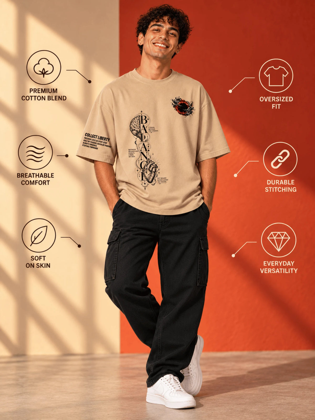 Excello Men's 'Balance' Brain & Heart Graphic Oversized T-Shirt | Beige