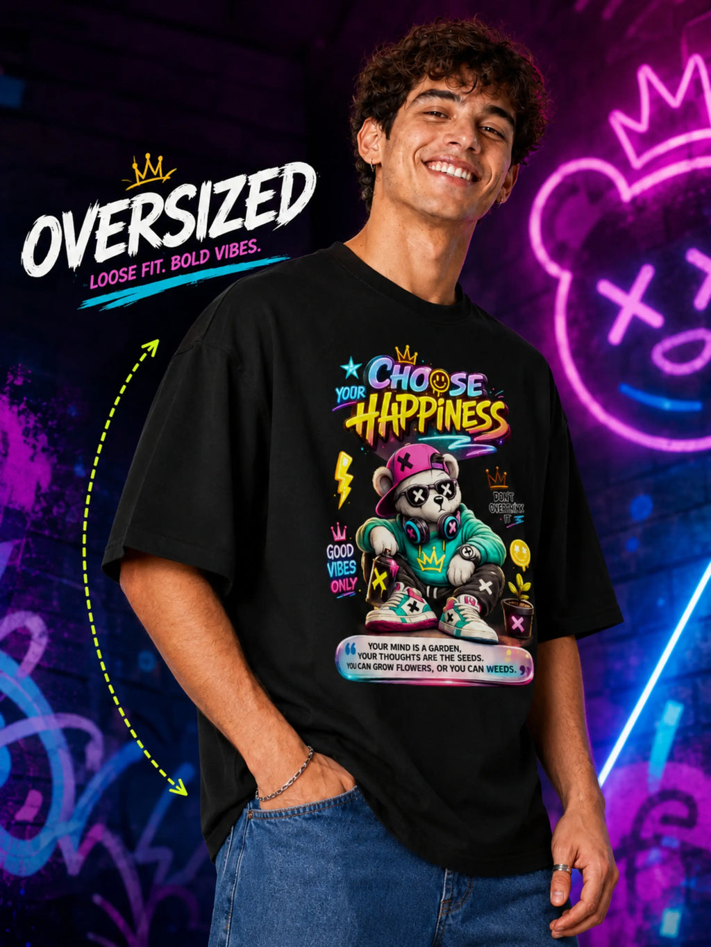 Excello Men's Oversized Graphic T-Shirt - "Choose Your Happiness" Print, 240 GSM Pure Cotton, Biowashed