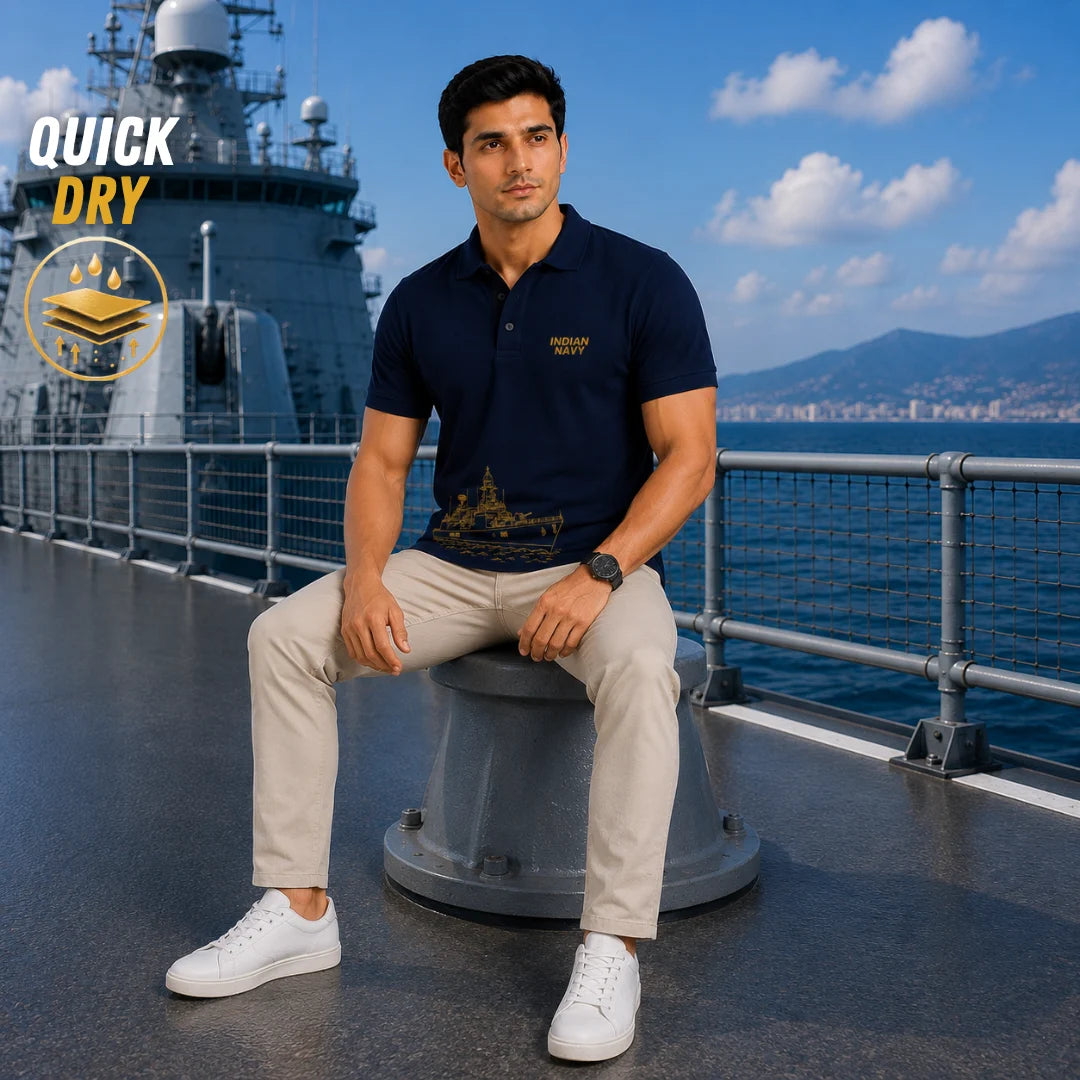 Excello Premium Indian Navy Tribute Polo T-Shirt | 210 GSM Nano Poly Regular Fit