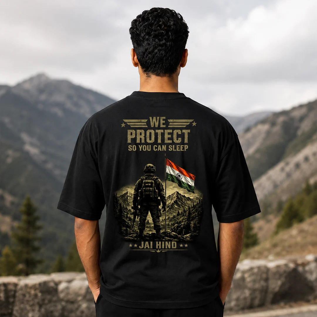 Men's Oversized Graphic T-Shirt - "Jai Hind" Military Tribute, 240 GSM Pure Cotton, Bio-Washed