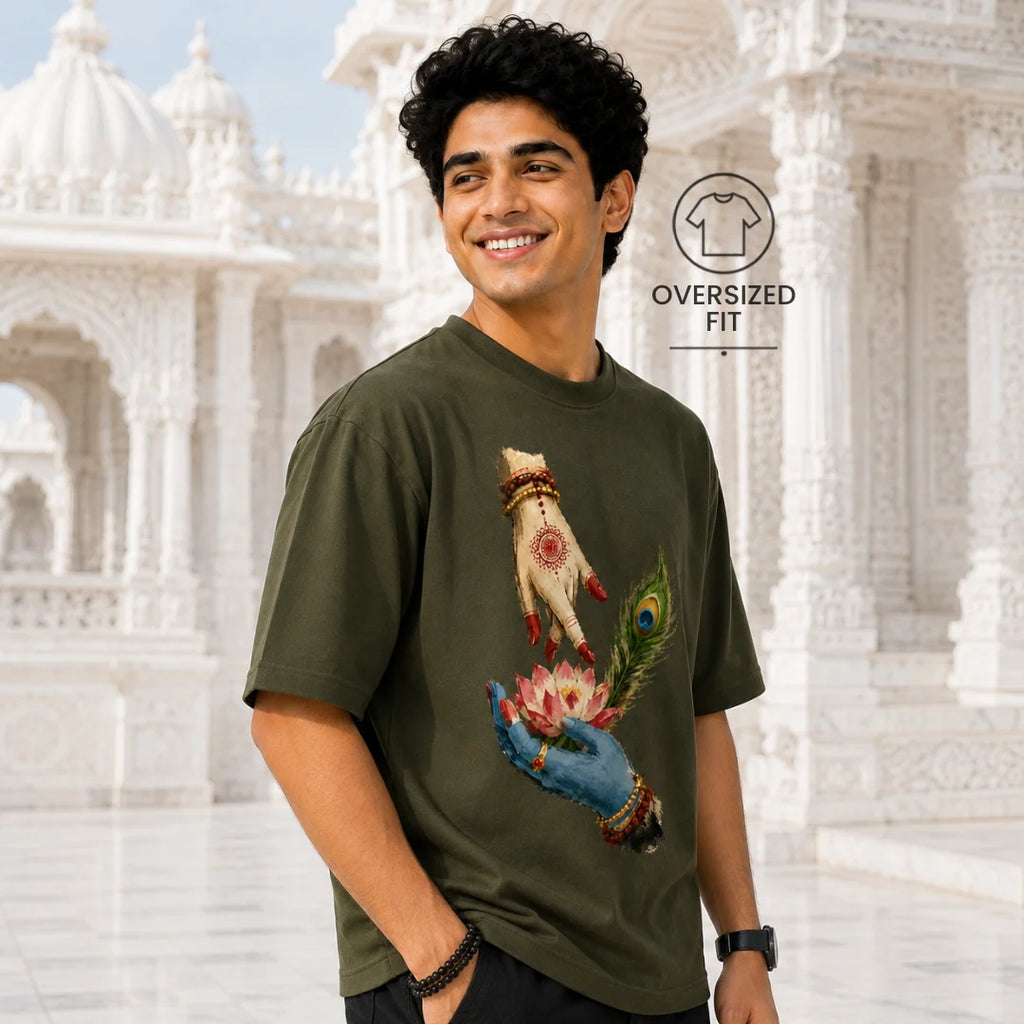 Excello Men's Divine Radha Krishna Lotus Graphic Oversized T-Shirt - 240 GSM Pure Cotton, Bio-Washed