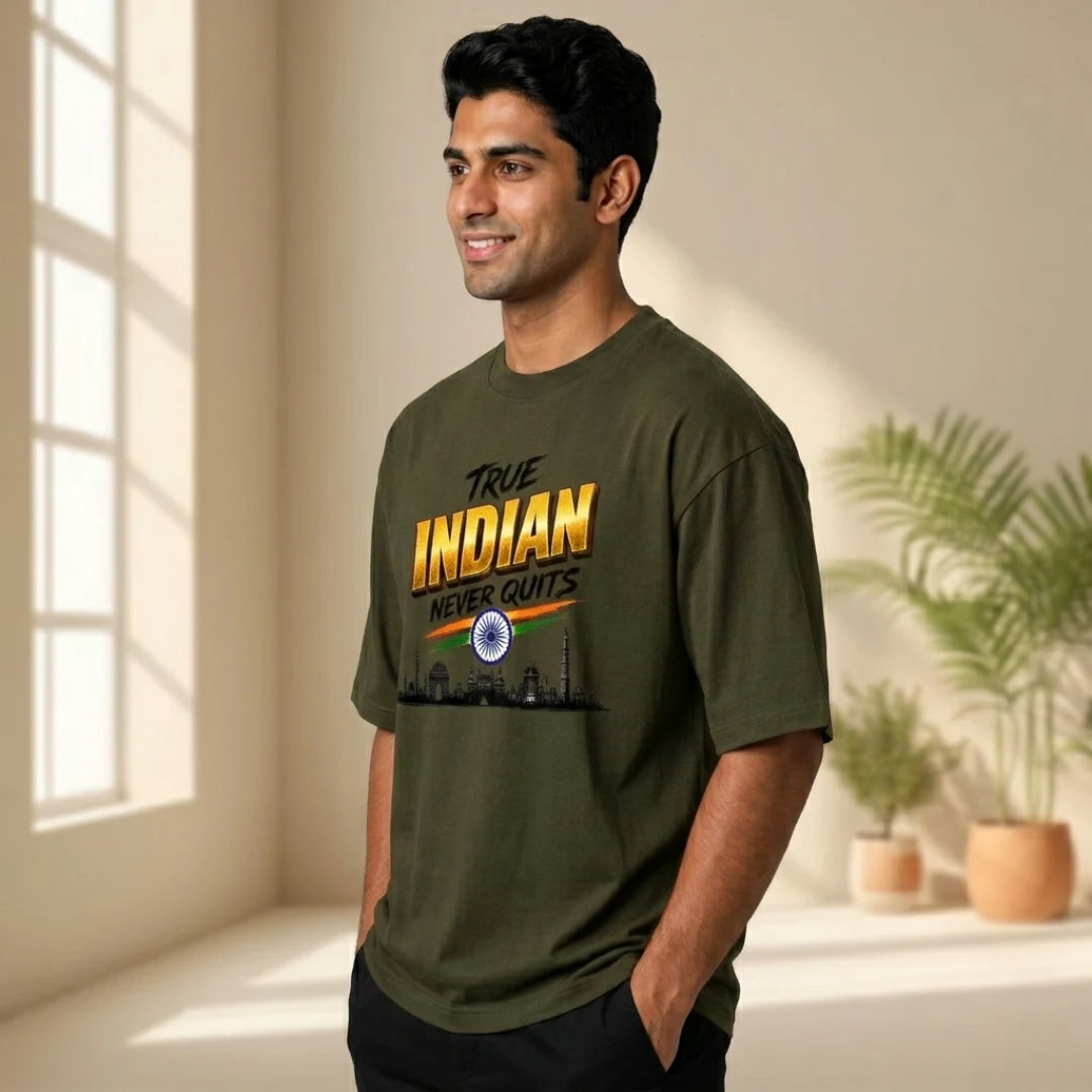 Men's "True Indian Never Quits" Oversized Graphic T-Shirt - 240 GSM Pure Cotton, Bio-Washed