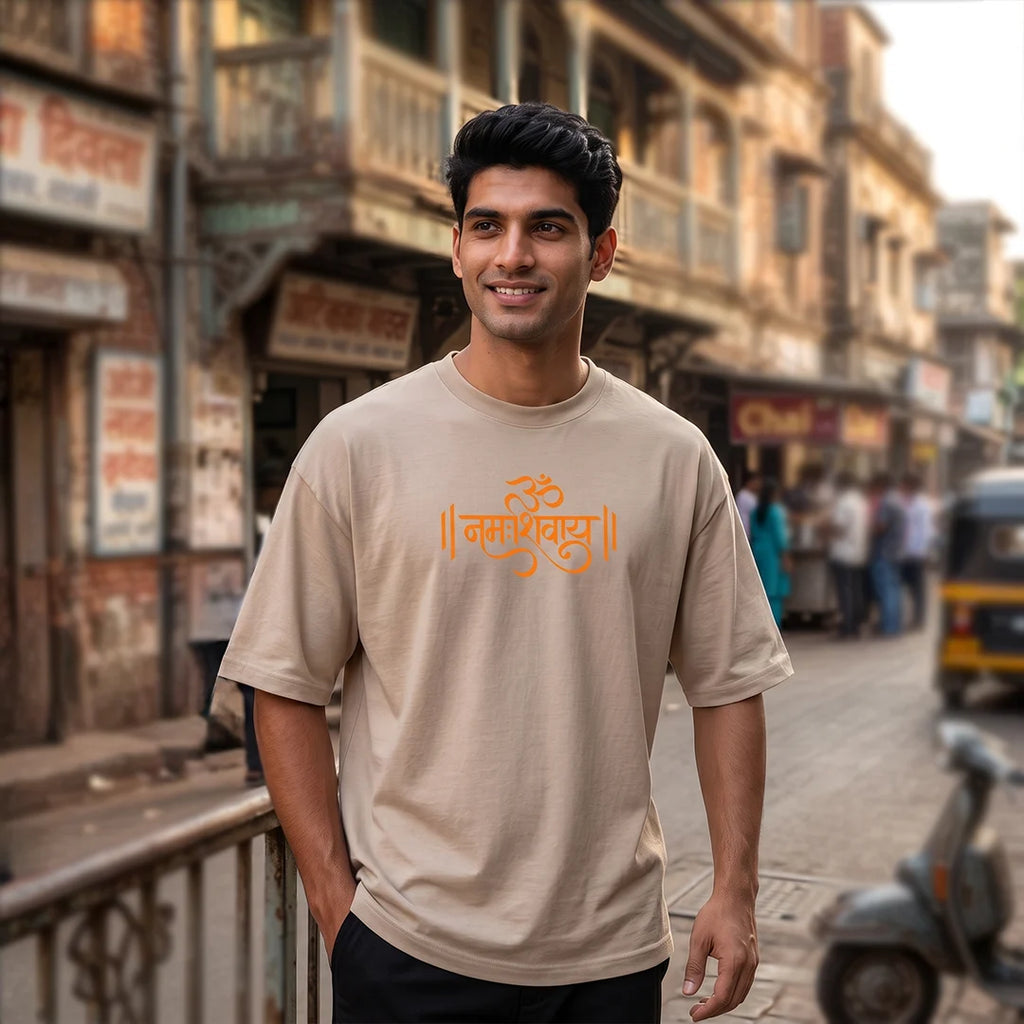 Men's Pure Cotton Oversized Printed T-Shirt | Lord Shiva Mahadev Trishul Graphic Print Drop Shoulder Loose Fit Crew Neck Tee