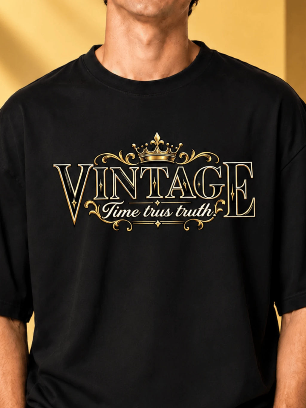 Excello Men's Vintage Crown Graphic Oversized T-Shirt | Black