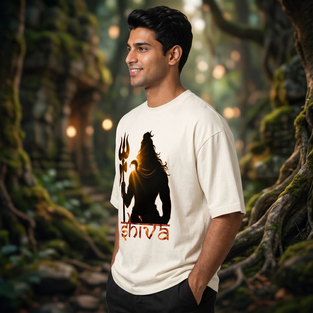 Lord Shiva Trishul Graphic Printed Oversized T-Shirt | Premium 240 GSM Pure Cotton Breathable Devotional Tee