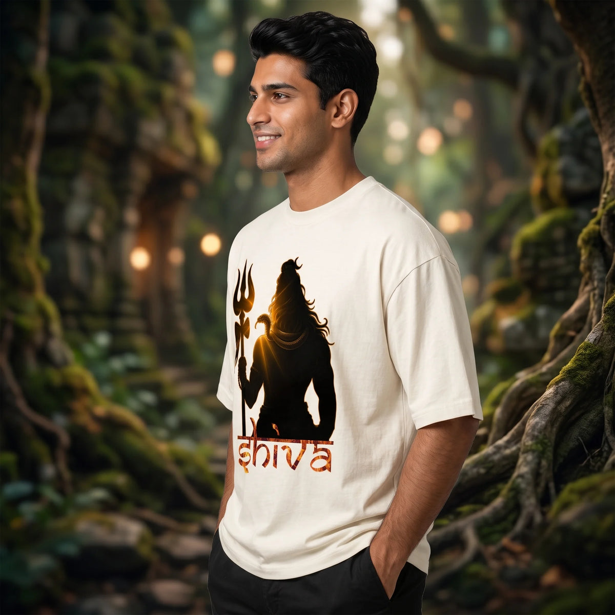 Lord Shiva Trishul Graphic Printed Oversized T-Shirt | Premium 240 GSM Pure Cotton Breathable Devotional Tee