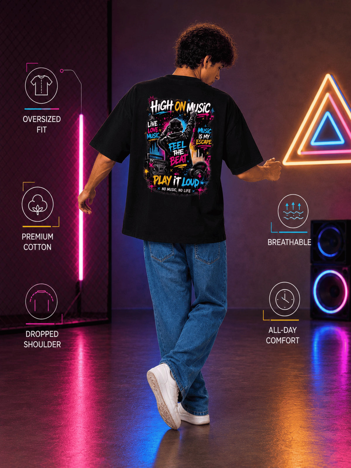Excello Men's 'High On Music' Neon Graphic Oversized T-Shirt | Black