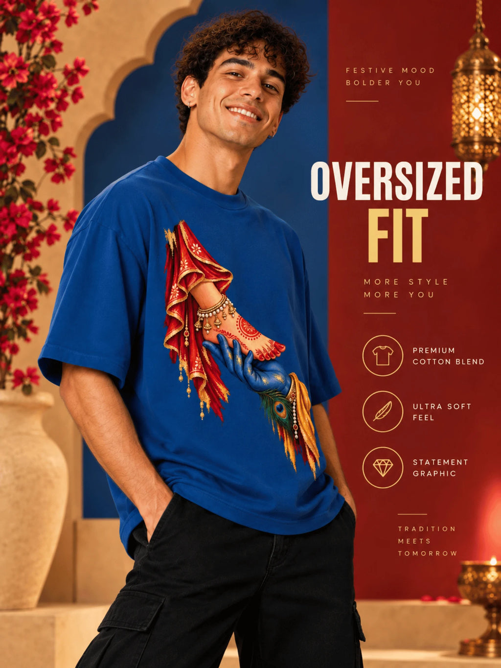 Excello Men's Divine Radha Krishna Love Graphic Oversized T-Shirt - 240 GSM | AirForce Blue