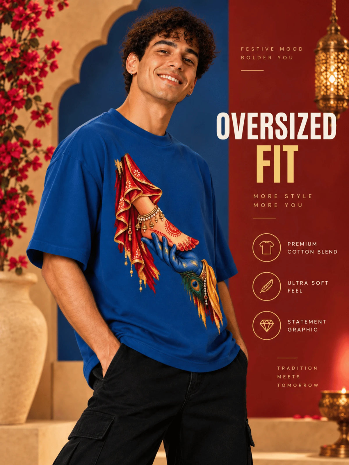 Excello Men's Divine Radha Krishna Love Graphic Oversized T-Shirt - 240 GSM | AirForce Blue