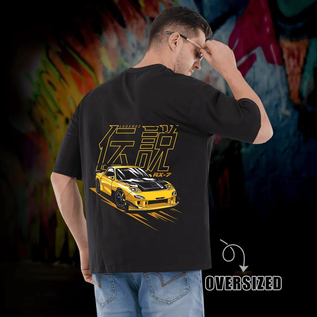 Oversized Black T-Shirt for Men with Speed Car Print