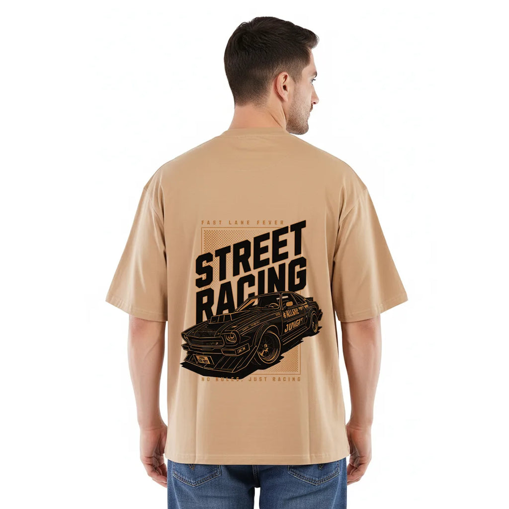 Men’s Oversized "Street Racing" Graphic T-Shirt - Camel Tan
