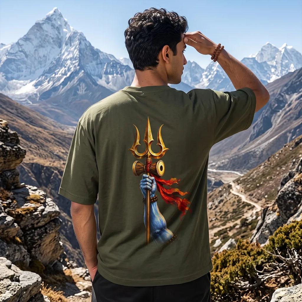 Men's Pure Cotton Oversized Printed T-Shirt | Lord Shiva Mahadev Trishul Graphic Print Drop Shoulder Loose Fit Crew Neck Tee