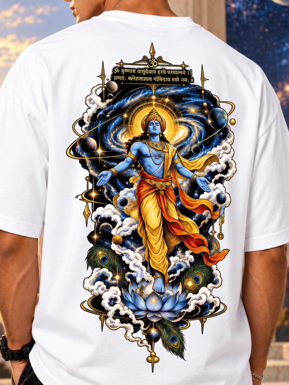 Excello Men's Cosmic Krishna Graphic Oversized T-Shirt | White