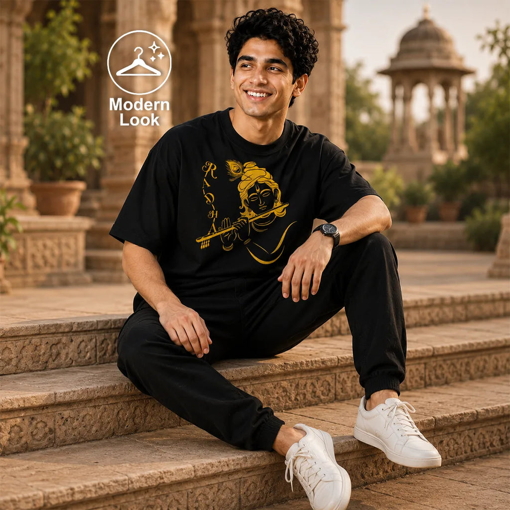Excello Men's Radha Krishna Line Art Graphic Oversized T-Shirt - 240 GSM Pure Cotton, Bio-Washed
