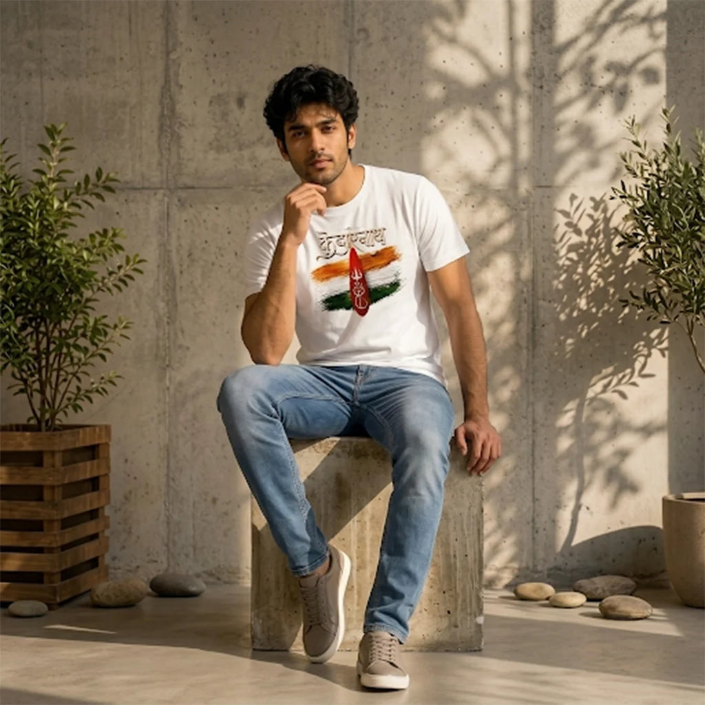 Men's Pure Cotton Regular Fit Kedarnath Tricolor Printed T-Shirt | 180 GSM Bio-Washed Spiritual Graphic Tee
