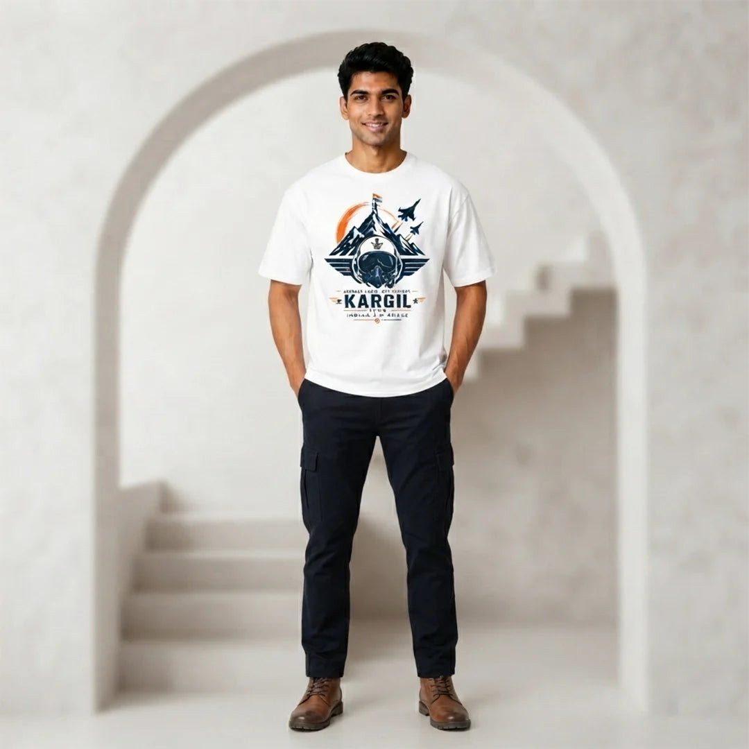 Men's Oversized Graphic T-Shirt - Kargil 1999 Indian Air Force Tribute, 240 GSM Pure Cotton, Bio-Washed