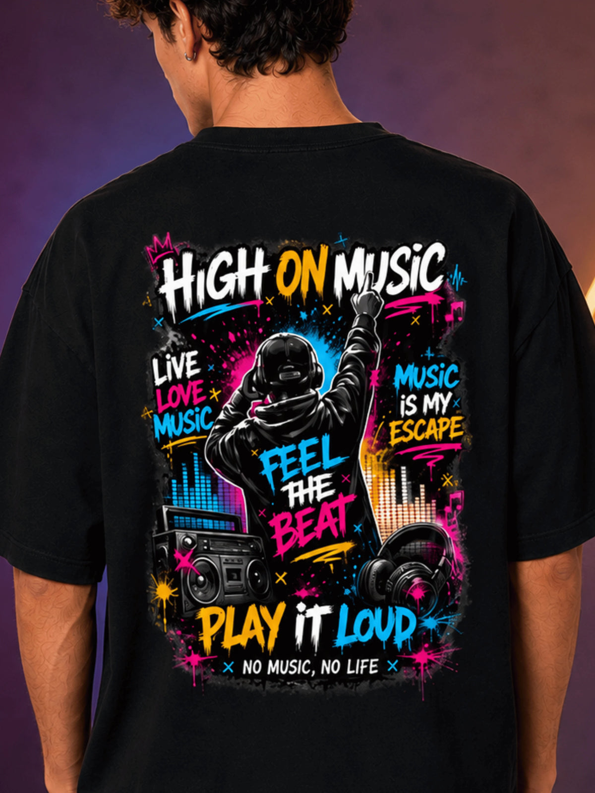 Excello Men's 'High On Music' Neon Graphic Oversized T-Shirt | Black