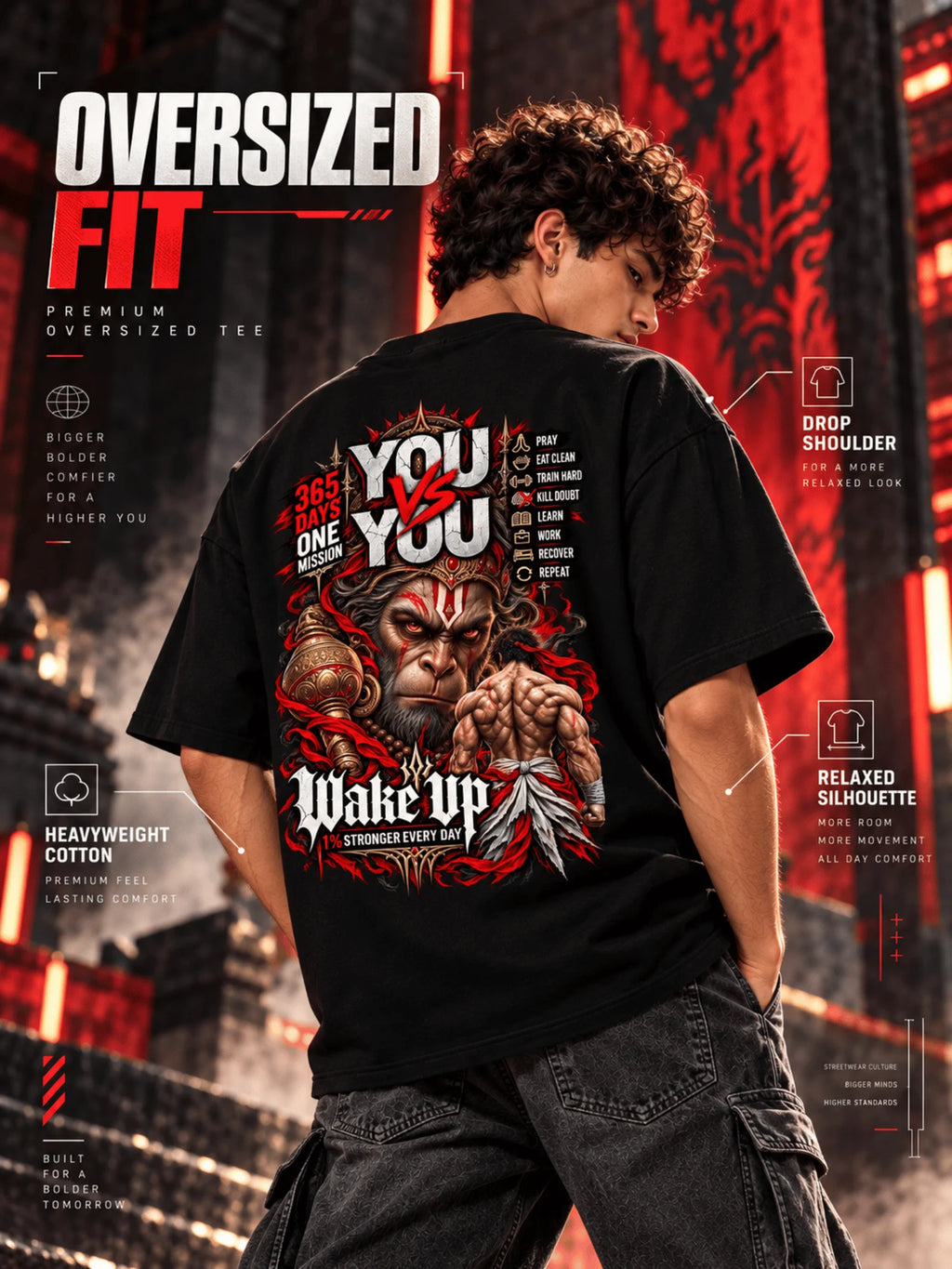 Excello Men's 'You vs You' Hanuman Graphic Oversized T-Shirt | Black