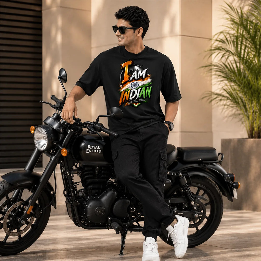 Men's "I Am Indian" Pride Oversized Graphic T-Shirt - 240 GSM Pure Cotton, Bio-Washed