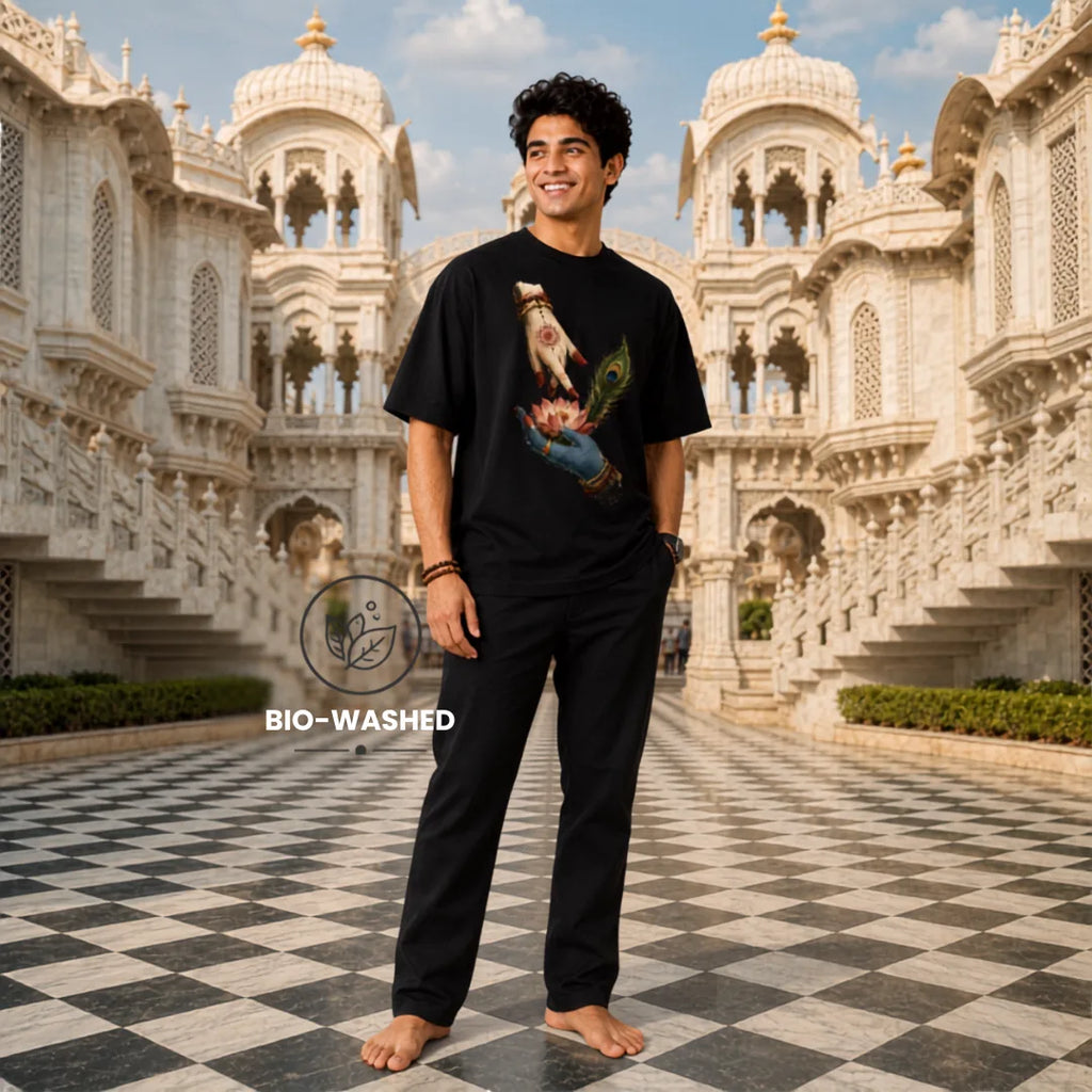 Excello Men's Divine Radha Krishna Lotus Graphic Oversized T-Shirt - 240 GSM Pure Cotton, Bio-Washed