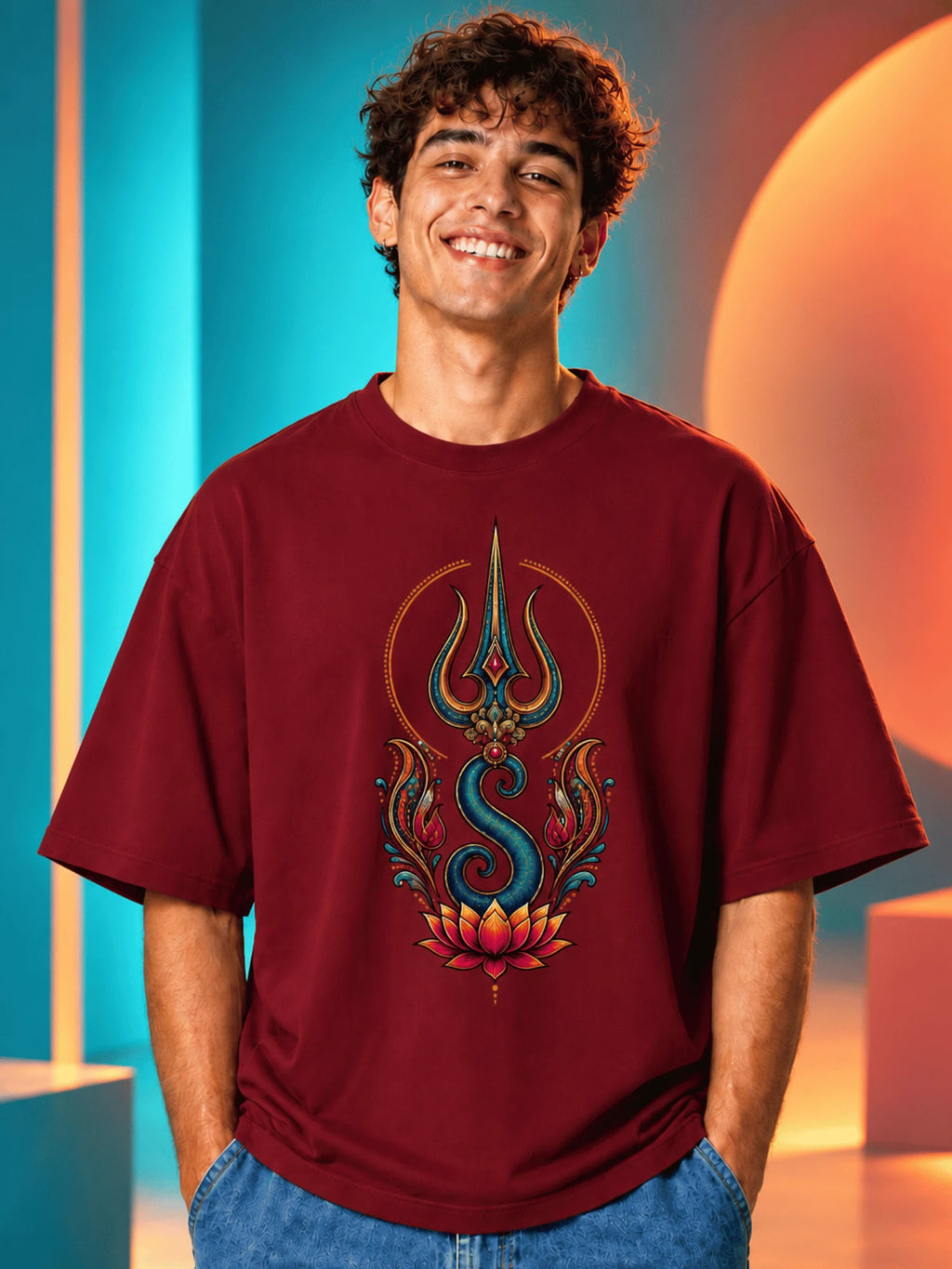 Excello Men's Divine Ganesha Trishul Graphic Oversized T-Shirt - 240 GSM Pure Cotton, Bio-Washed-Maroon