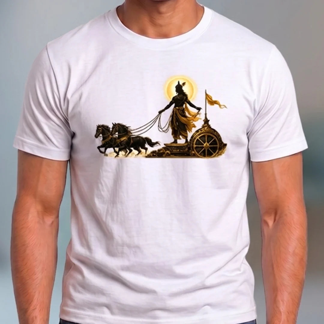 Men's Pure Cotton Regular Fit Lord Krishna Chariot Printed T-Shirt | 180 GSM Bio-Washed Bhagavad Gita Graphic Tee
