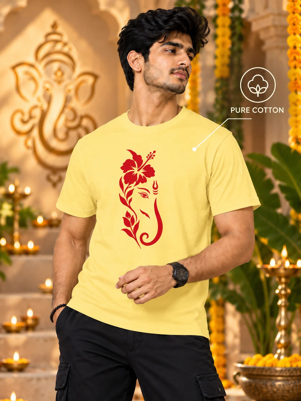 Men's Premium Pure Cotton Ganesha Graphic T-Shirt | 180 GSM Bio-Washed Regular Fit-Pastel Yellow