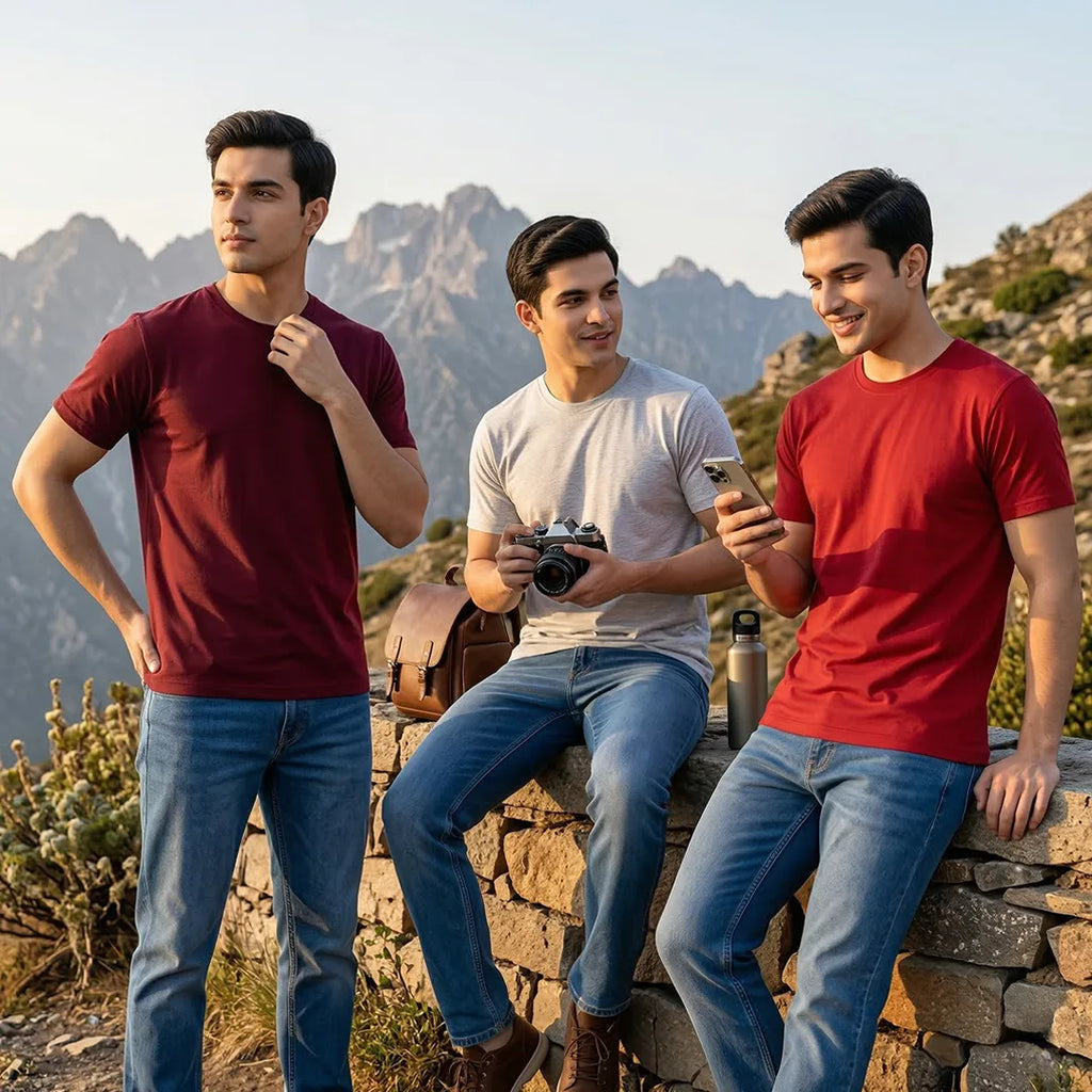 Premium Men’s Round Neck Pure Cotton T-Shirt Combo – 180 GSM Biowashed Regular Fit Half Sleeve Tees (Pack of 3)