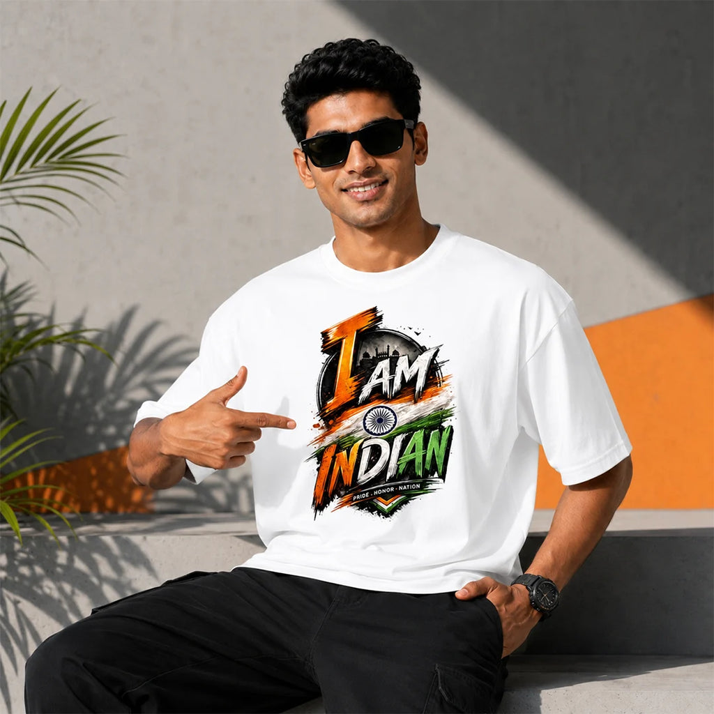 Men's "I Am Indian" Pride Oversized Graphic T-Shirt - 240 GSM Pure Cotton, Bio-Washed