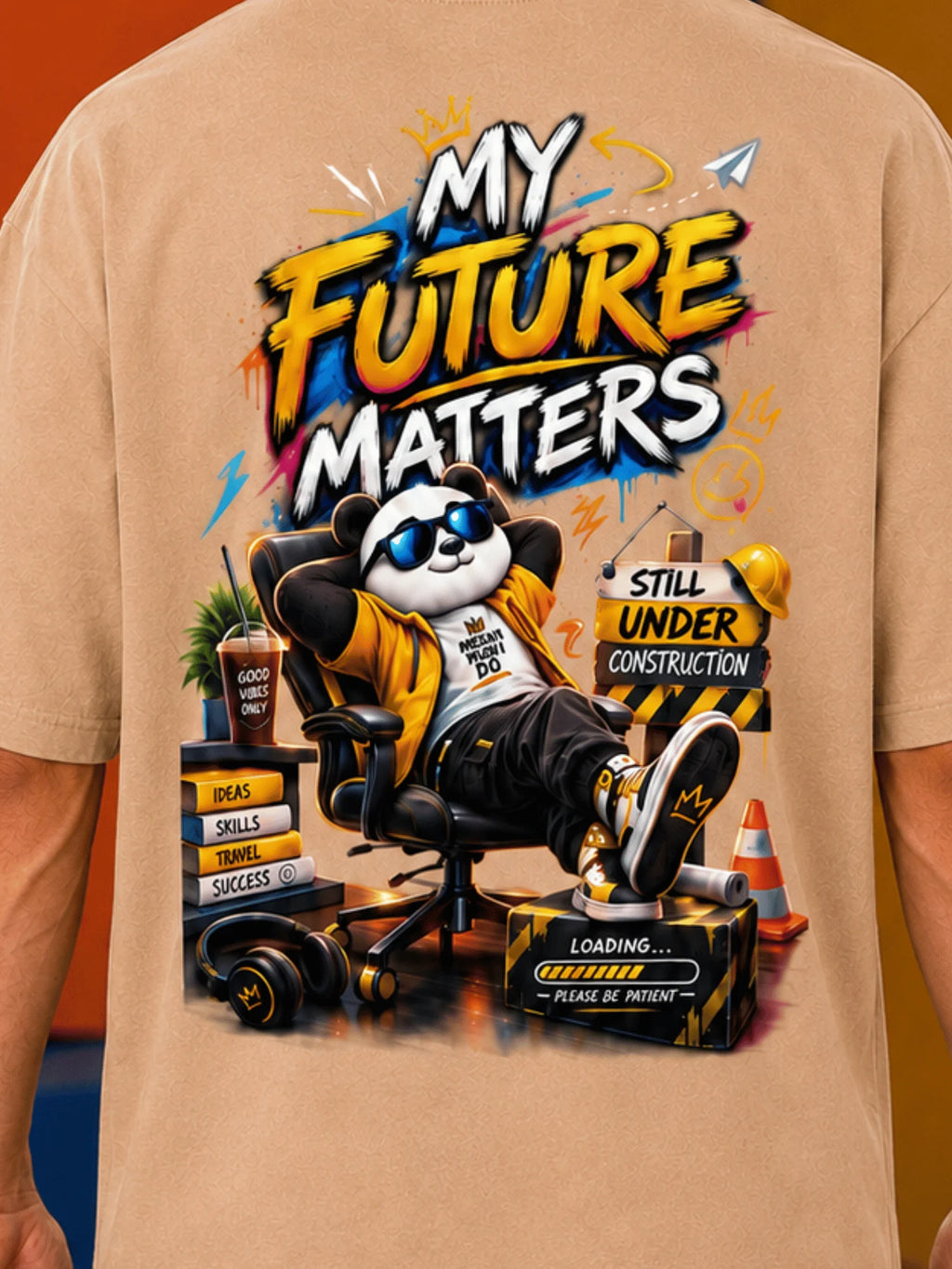 Excello Men's 'My Future Matters' Panda Graphic Oversized T-Shirt | Beige