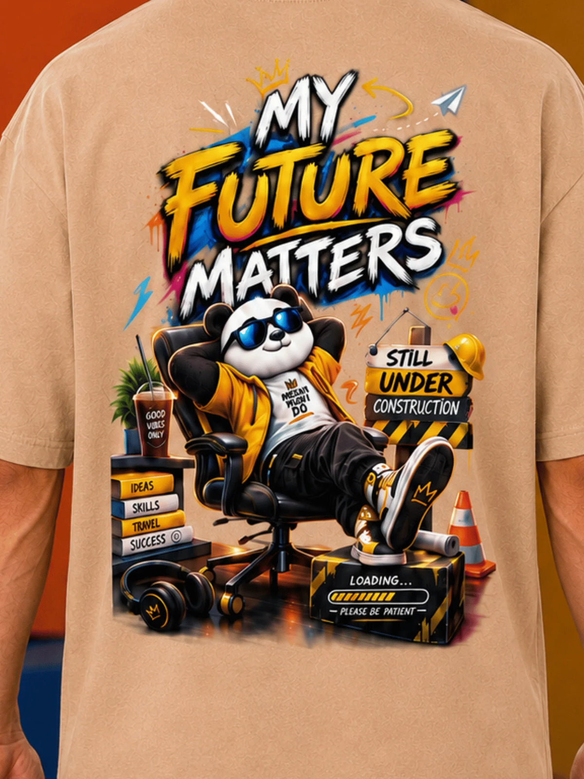 Excello Men's 'My Future Matters' Panda Graphic Oversized T-Shirt | Beige