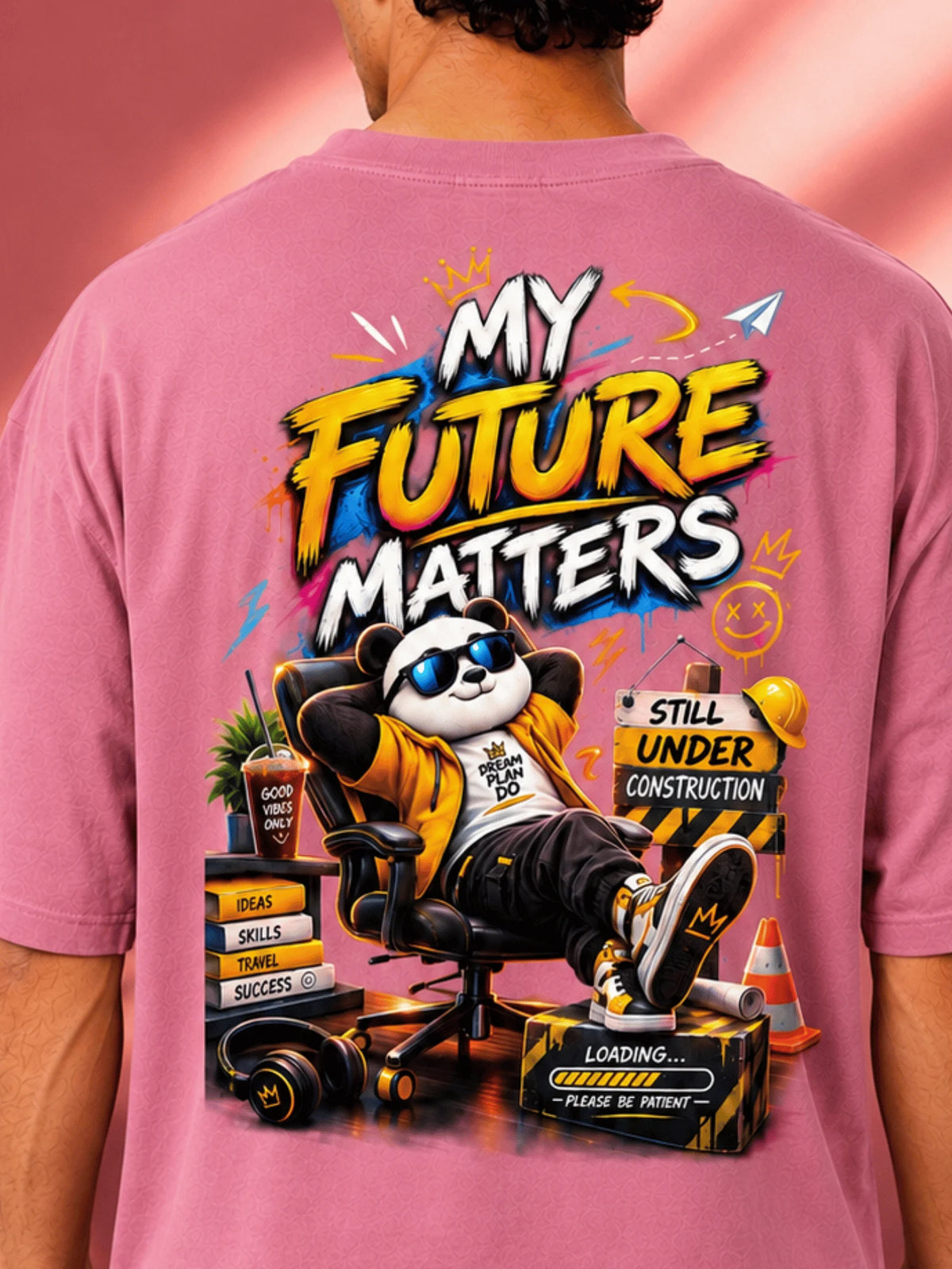 Excello Men's 'My Future Matters' Panda Graphic Oversized T-Shirt | Pink