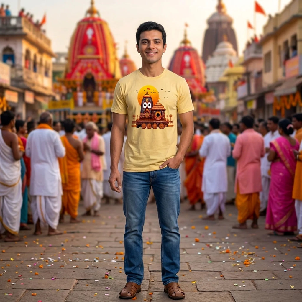 Premium Men's Pure Cotton Lord Jagannath Face & Rath Yatra Chariot Graphic T-Shirt