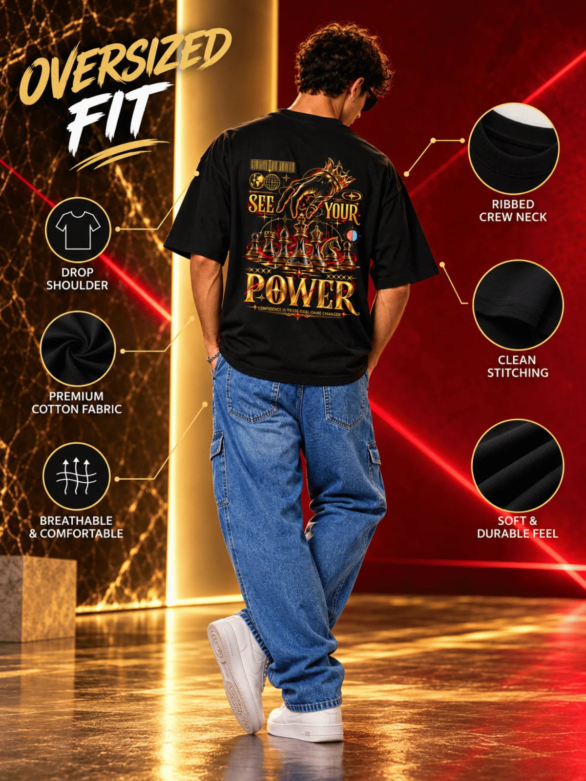 Excello Men's 'See Your Power' Chess Graphic Oversized T-Shirt | Black