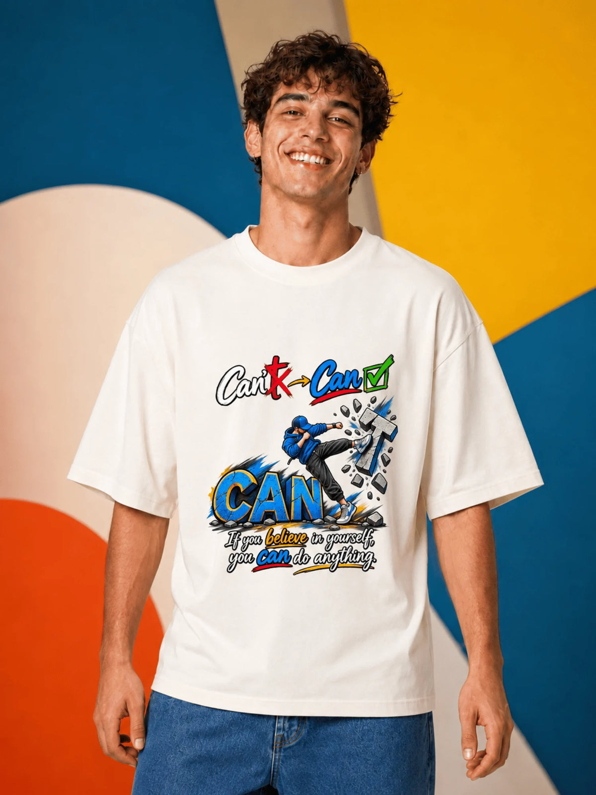 Excello Men's 'Believe You Can' Motivational Graphic Oversized T-Shirt - Premium Cotton | Off White