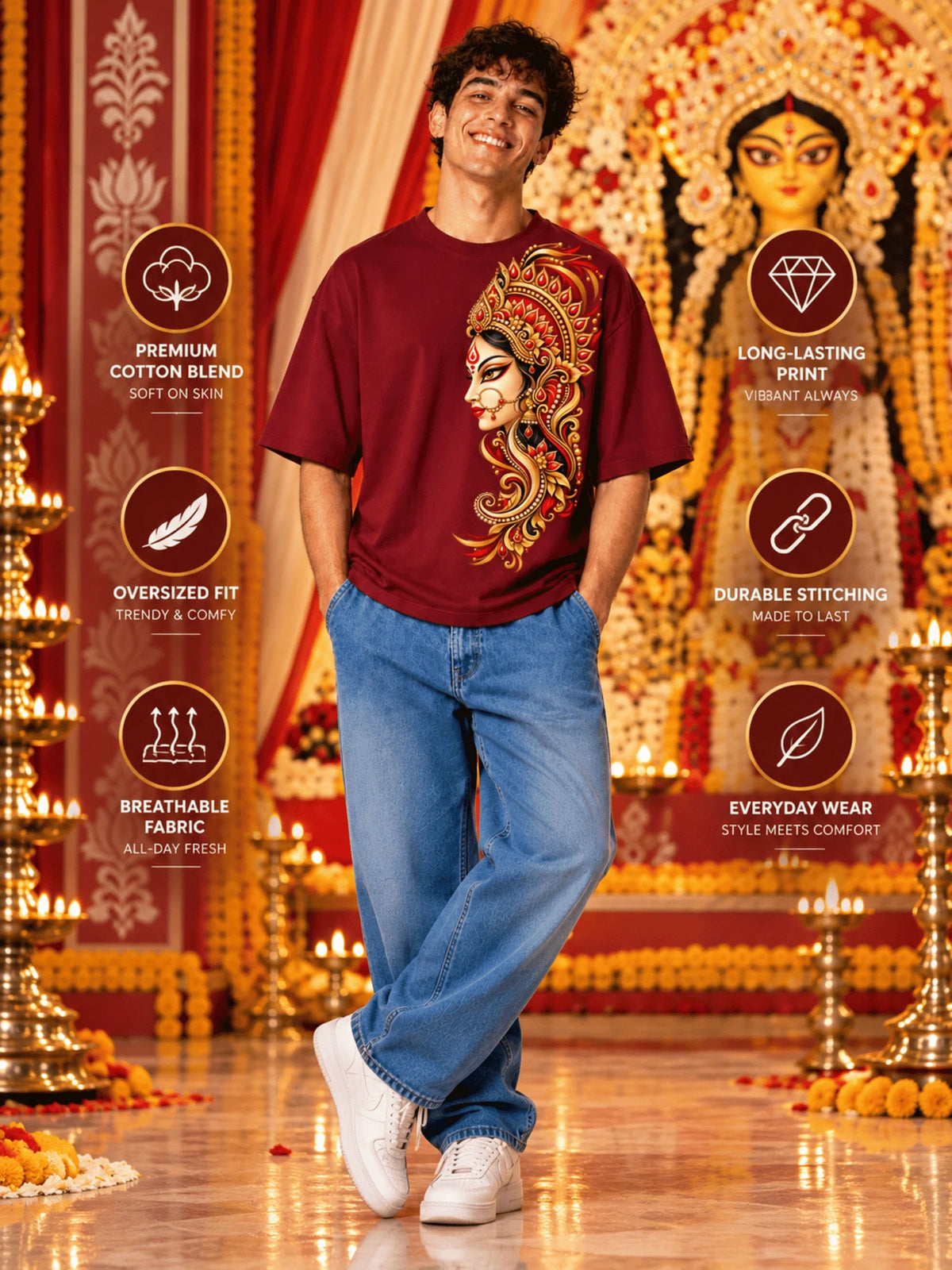 Excello Men's Divine Goddess Golden Profile Graphic Oversized T-Shirt | Maroon