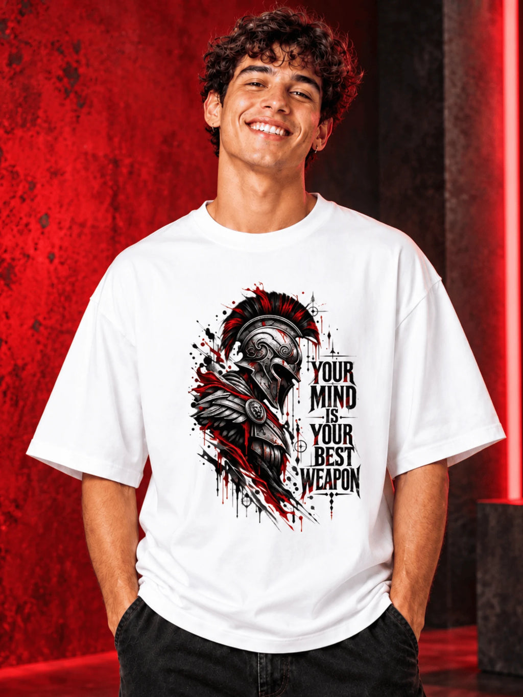 Excello Men's Spartan 'Your Mind Is Your Best Weapon' Graphic Oversized T-Shirt |  White