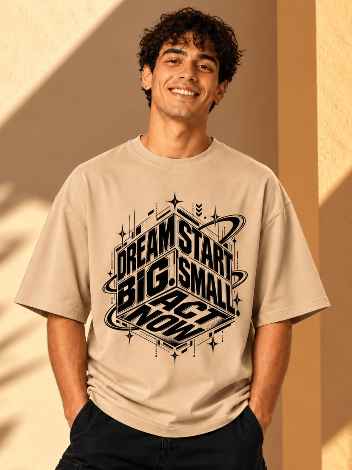 Excello Men's 'Dream Big' Motivational Graphic Oversized T-Shirt | Beige