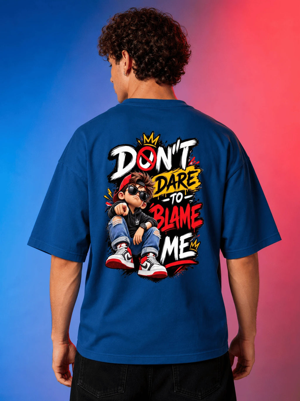 Excello Men's 'Don't Dare To Blame Me' Graphic Oversized T-Shirt | Air Force Blue