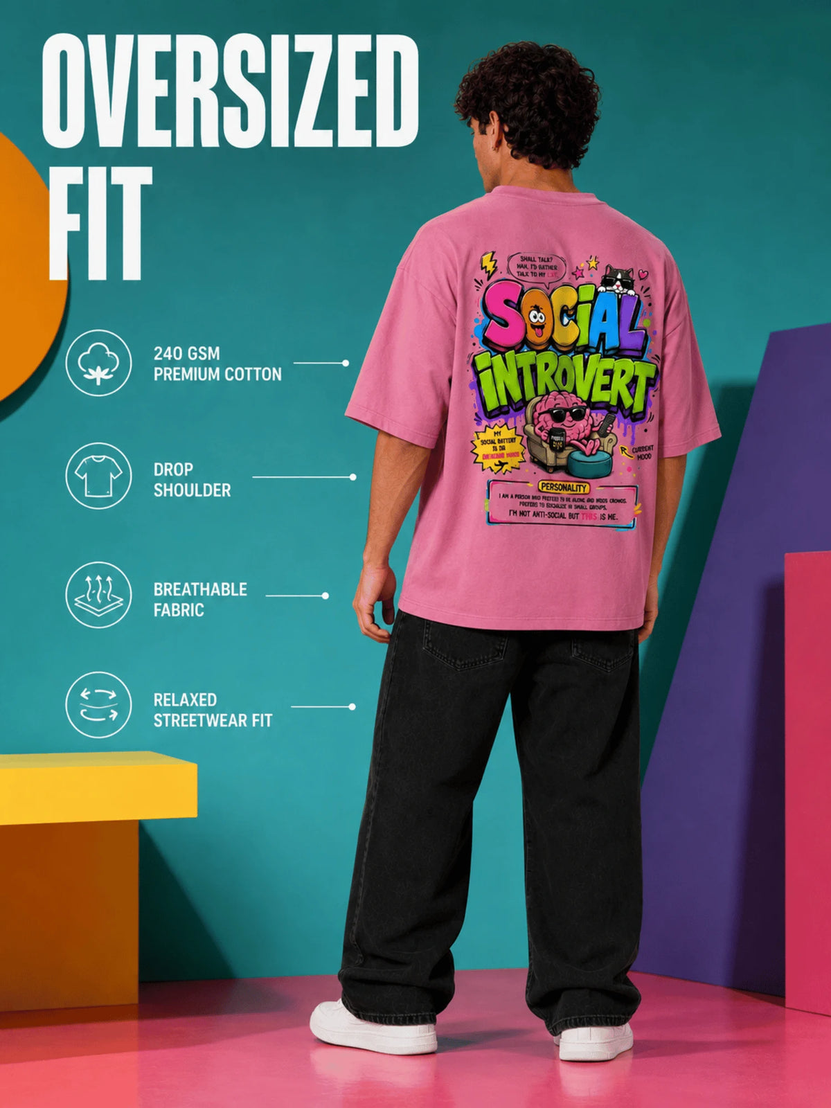 Excello Men's 'Social Introvert' Graphic Oversized T-Shirt | Rose Pink