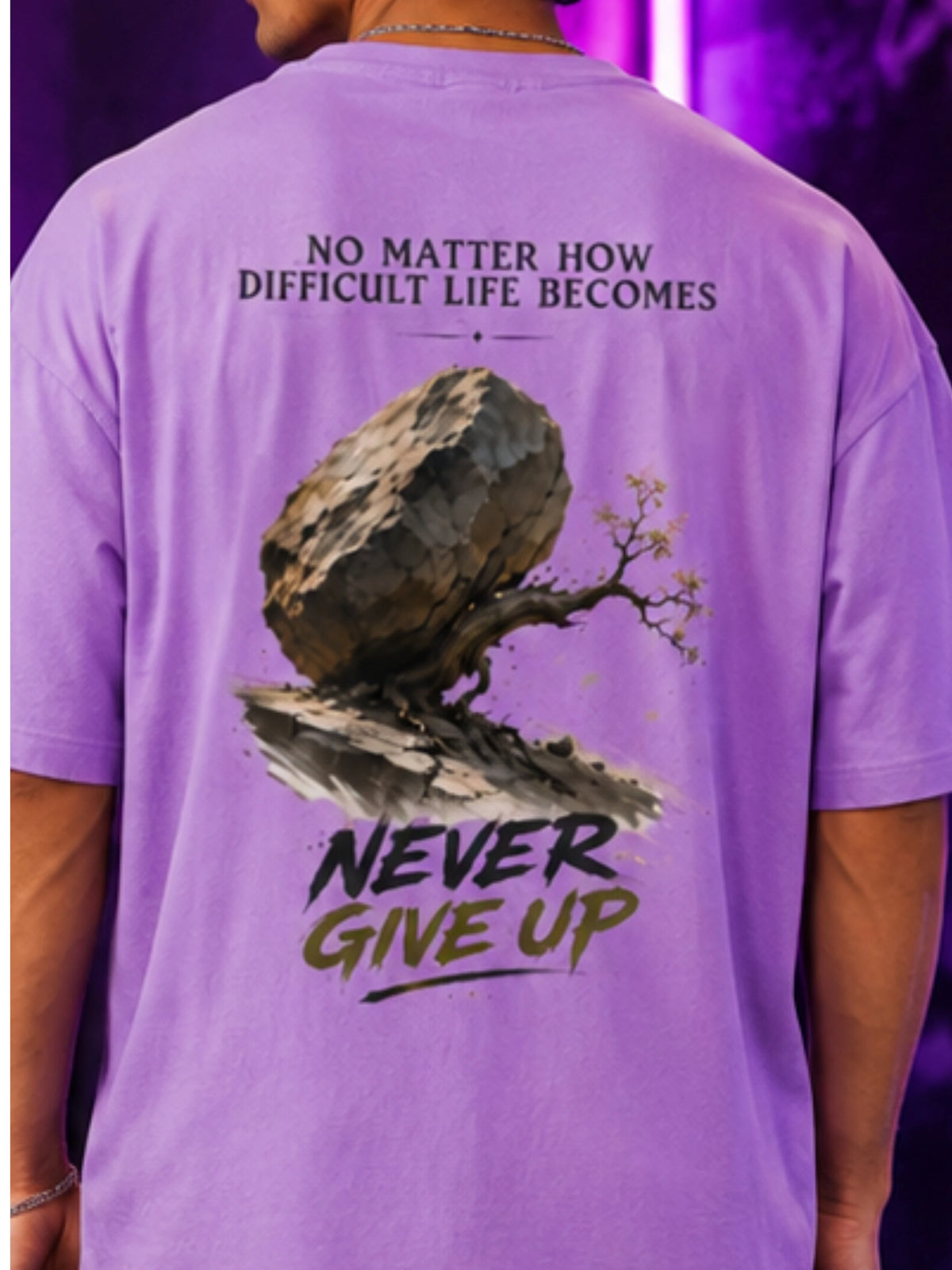 Excello Men's 'Never Give Up' Resilience Graphic Oversized T-Shirt | Lavender