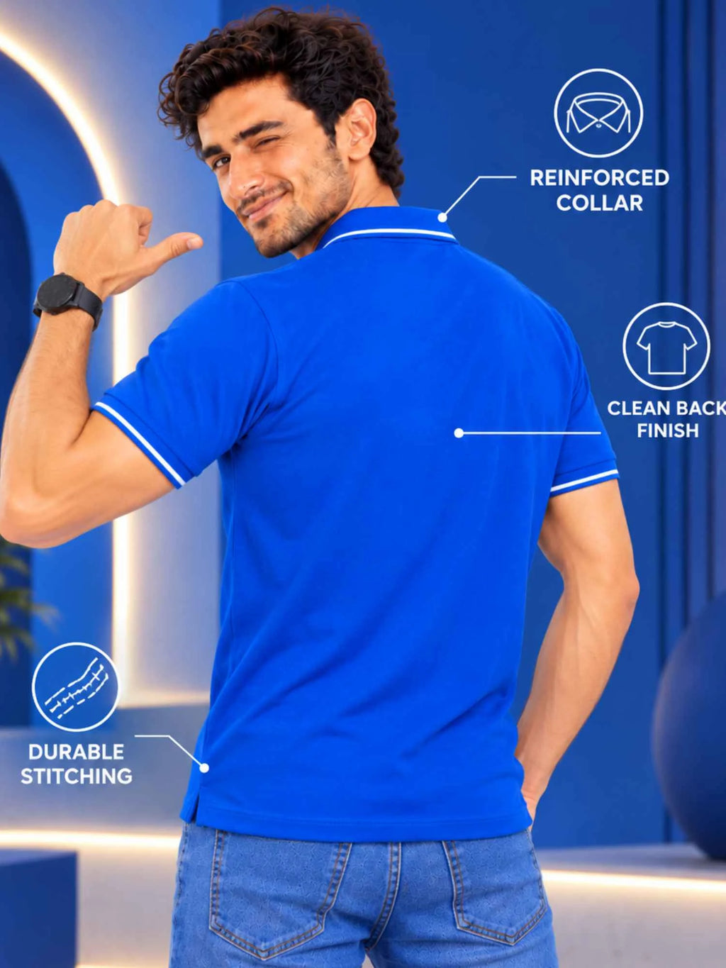 Premium 270 GSM Pure Cotton Biowash Tipping Polo T-Shirt - Heavyweight & Breathable | Royal Blue