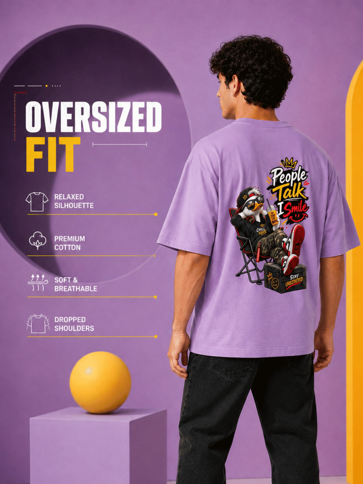 Excello Men's 'People Talk I Smile' Chill Duck Graphic Oversized T-Shirt | Lavender