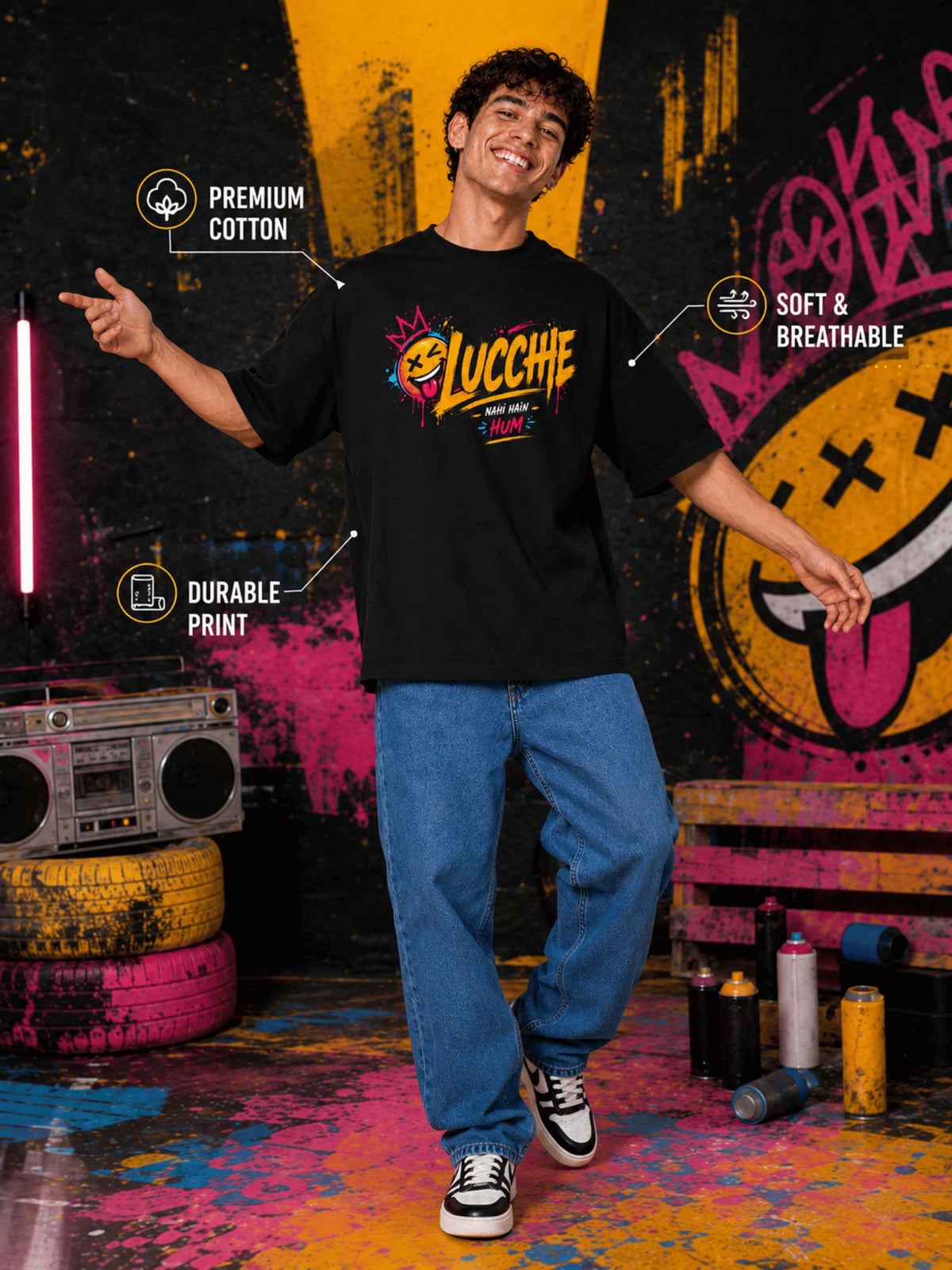 Excello Men's 'Lucchhe Nahi Hain Hum' Graphic Oversized T-Shirt | Black