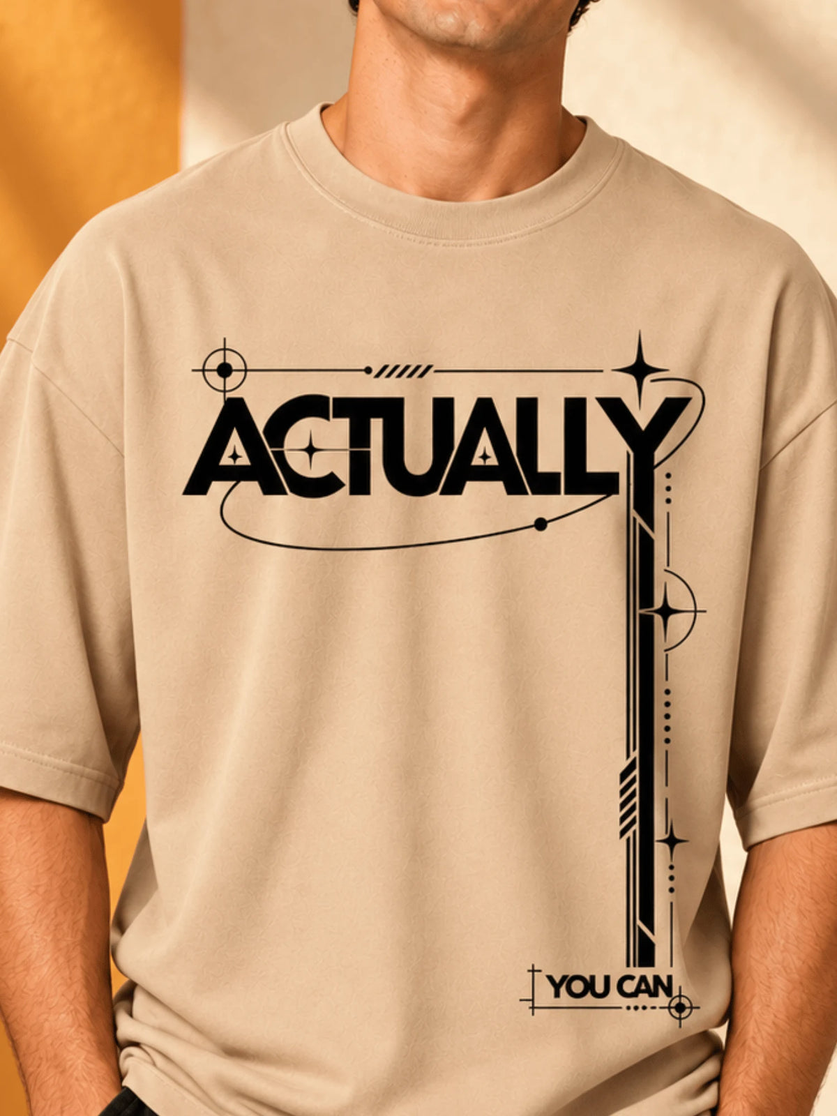 Excello Men's 'Actually You Can' Typography Oversized T-Shirt | Beige