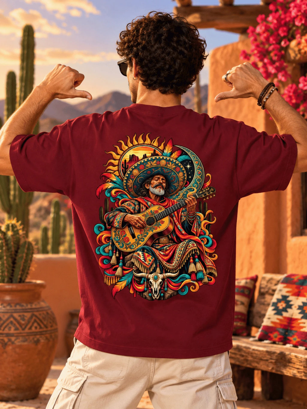 Excello Men's Mexican Musician Graphic Oversized T-Shirt | Maroon