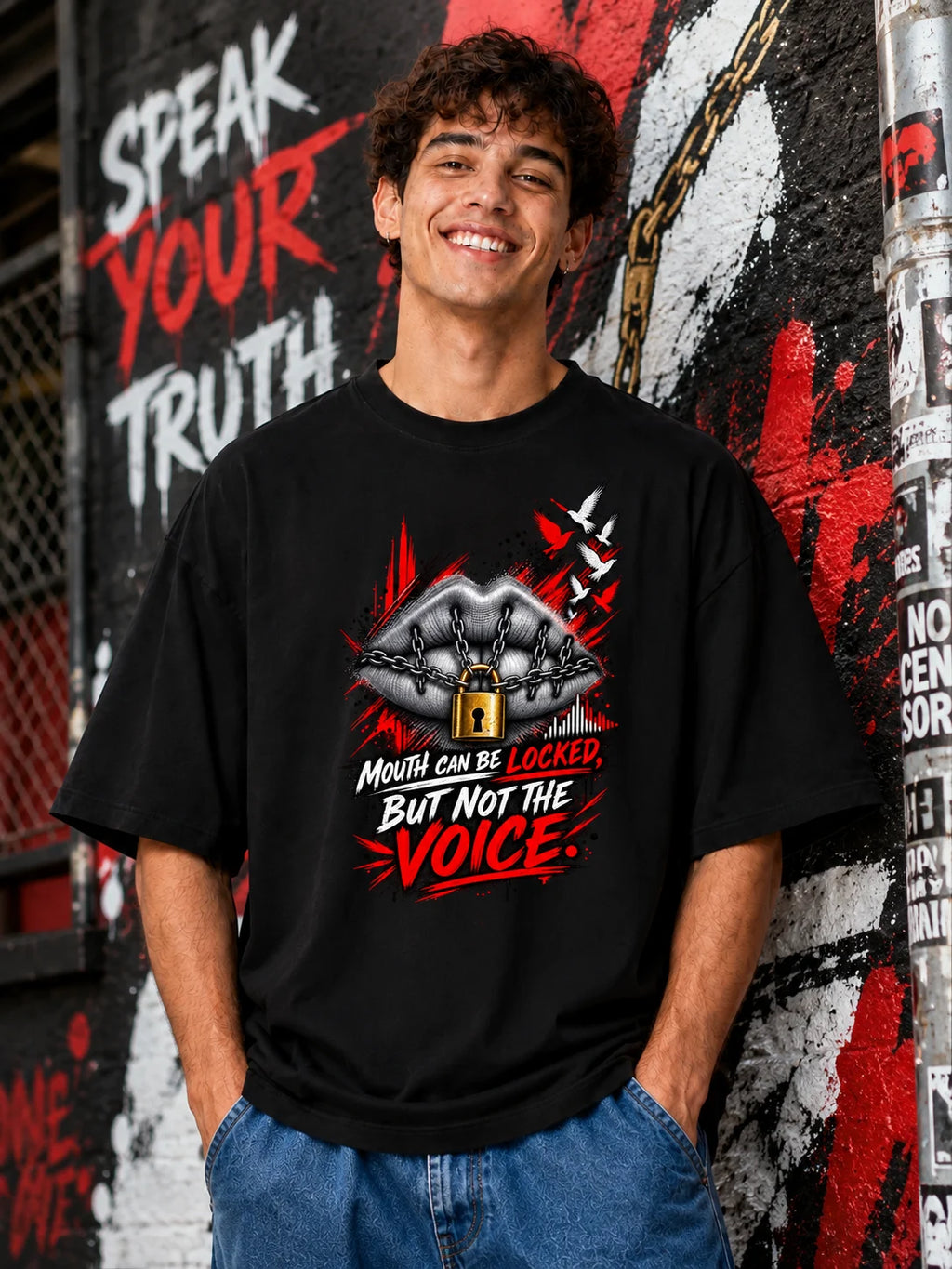 Excello Men's 'Unstoppable Voice' Typography Graphic Oversized T-Shirt | Black