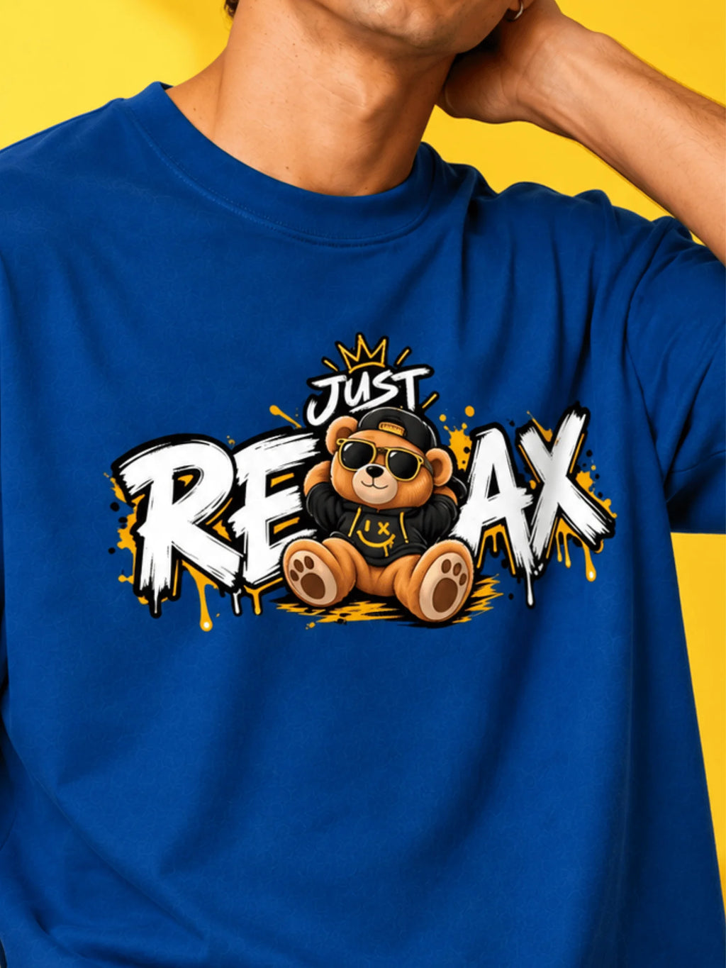 Excello Men's 'Just Relax' Teddy Bear Graphic Oversized T-Shirt | Air Force Blue