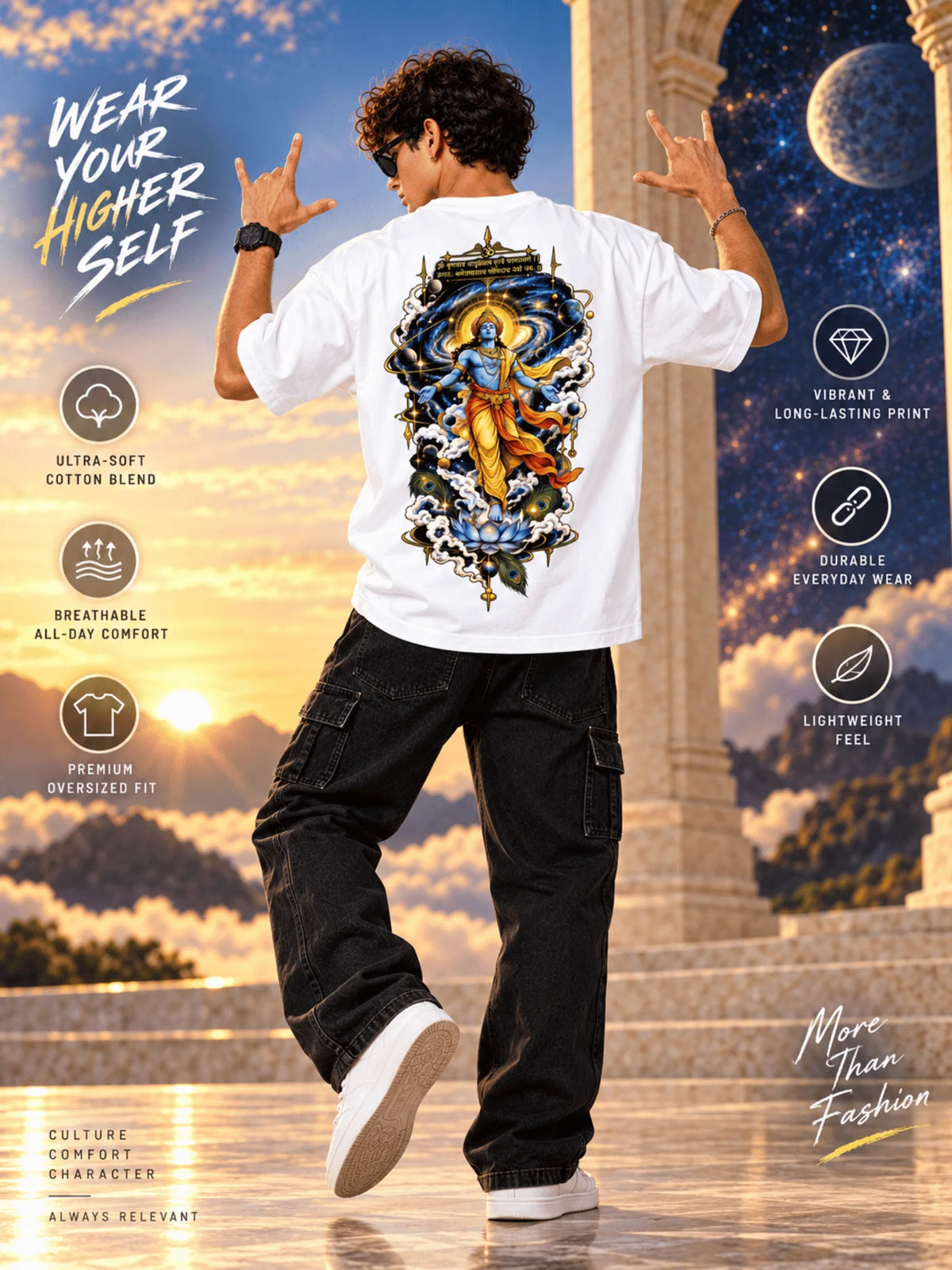 Excello Men's Cosmic Krishna Graphic Oversized T-Shirt | White